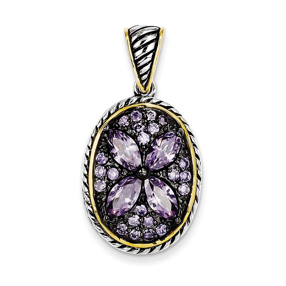 Sterling Silver Flash Gold Plated Antiqued Flower Diamond Pendant QP2883