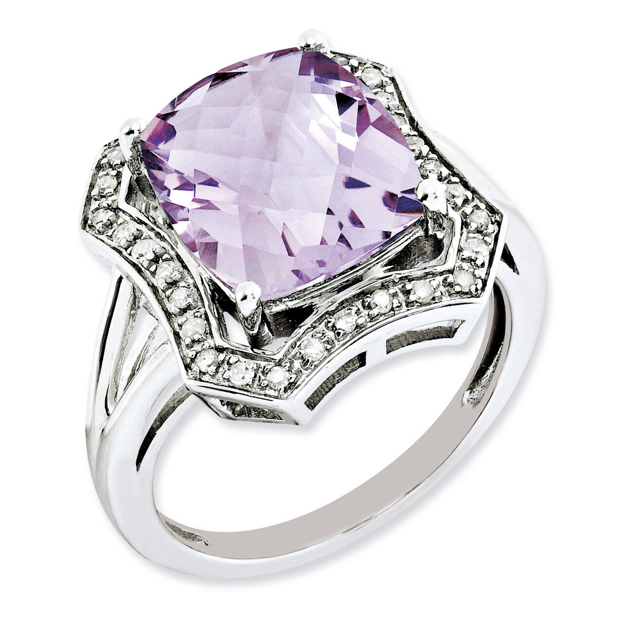 Sterling Silver Diamond &amp; Pink Quartz Ring QR3033PQ-7
