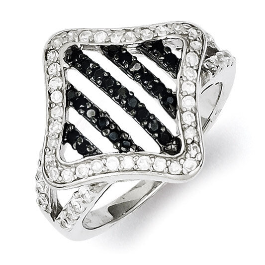 Sterling Silver Diamond Black &amp; White Striped Square Ring QR4223-7