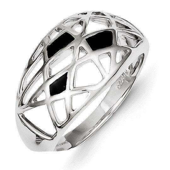 Sterling Silver Rhodium Plated Black Enamel Ring QR4306-8