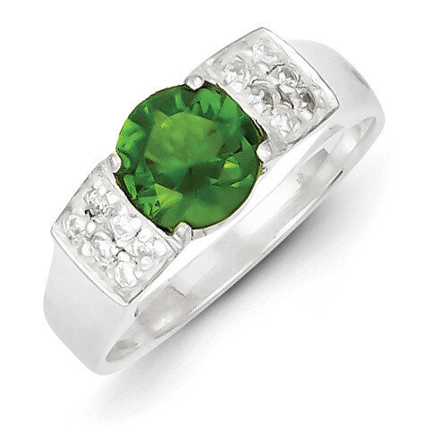 Sterling Silver Lime Green Round with Pave Sides Diamond Ring QR4369-6