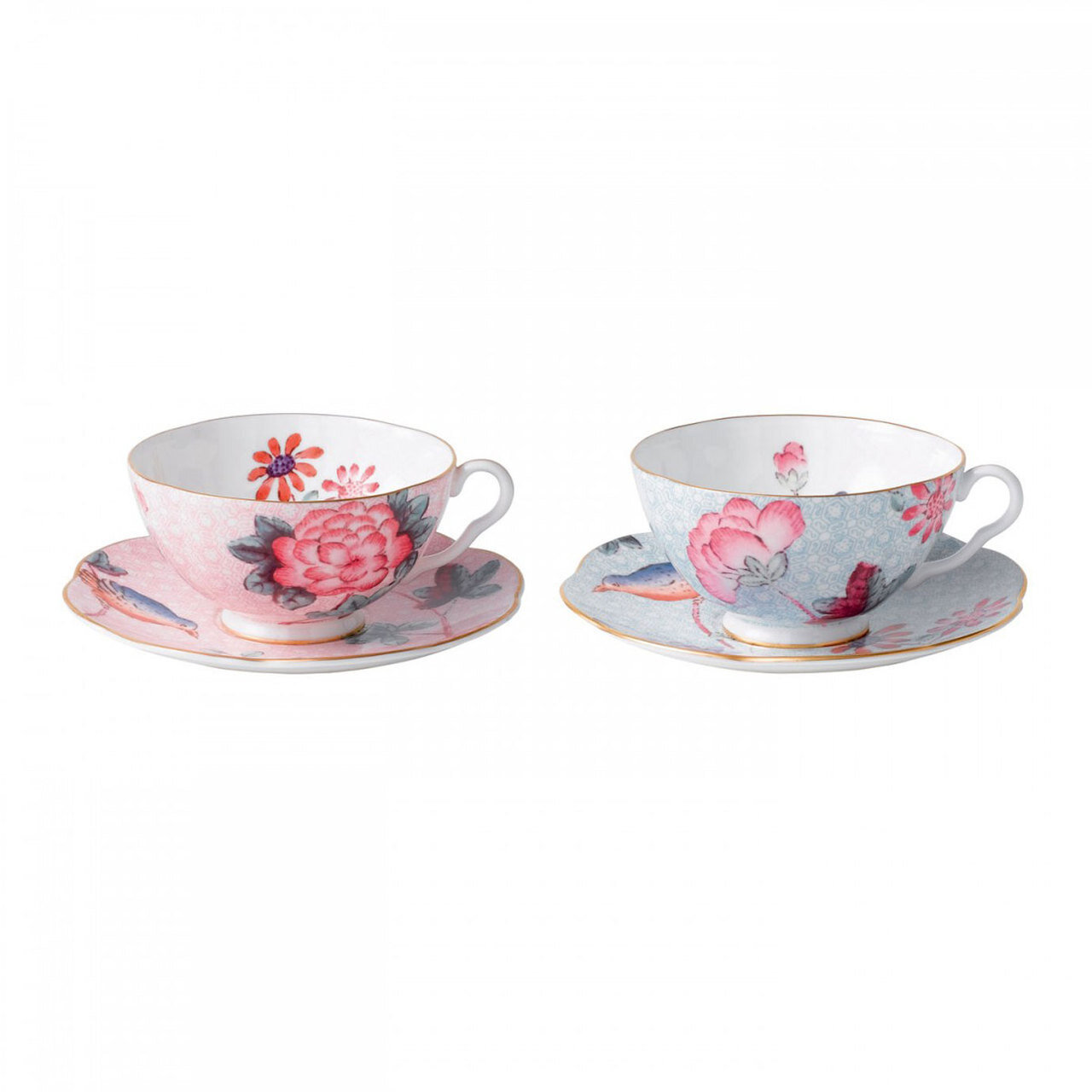 Wedgwood Cuckoo Teacup and Saucer Set of Two Pink and Blue