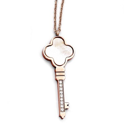 Polished Rose IP-plated Synthetic Diamond &amp; Mother of Pearl Key with 2 - Stainless Steel SRN1776-16…