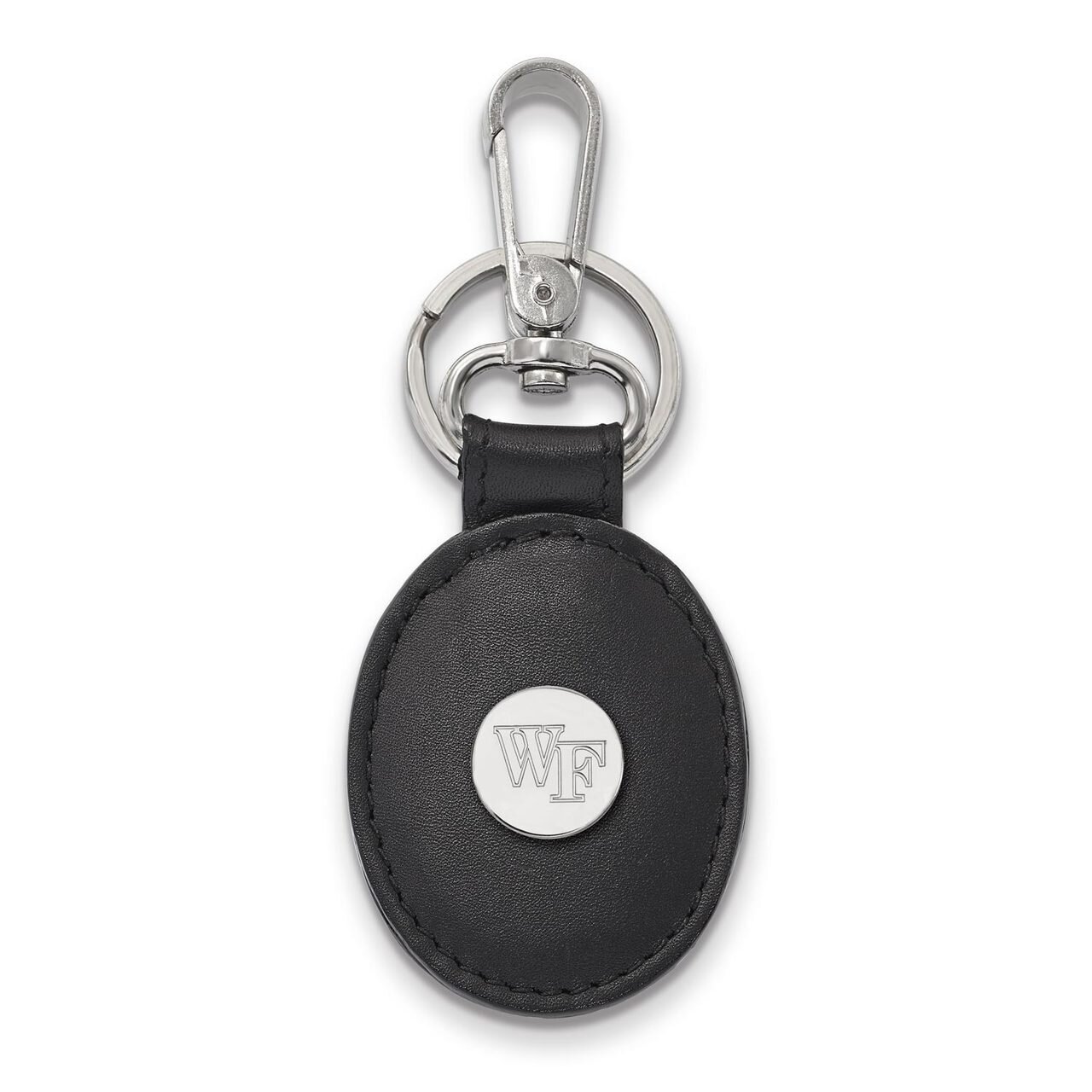 Wake Forest University Black Leather Oval Key Chain Sterling Silver SS070WFU-K1