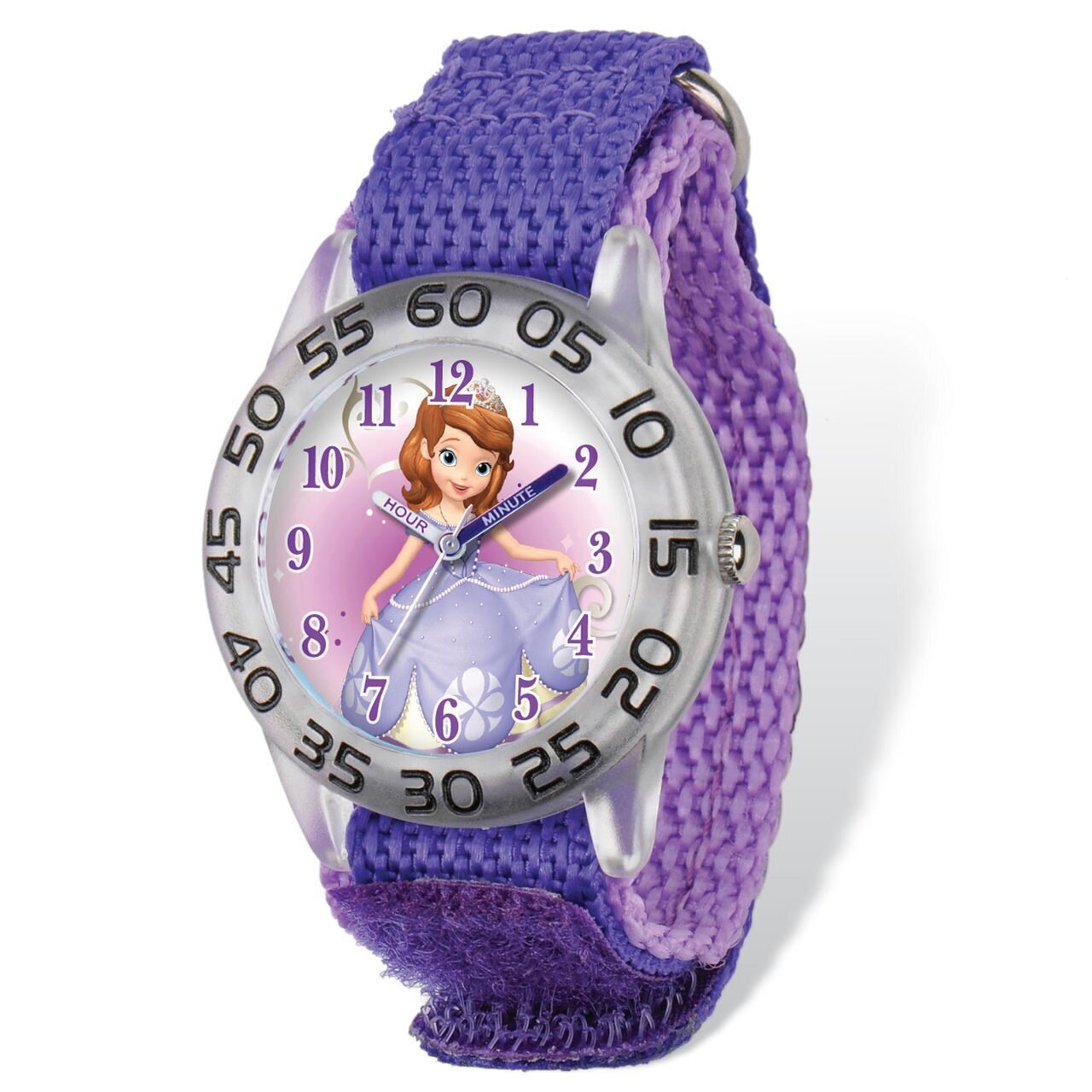 Disney Princess Sofia Acrylic Case Purple Velcro Time Teacher Watch XWA4929