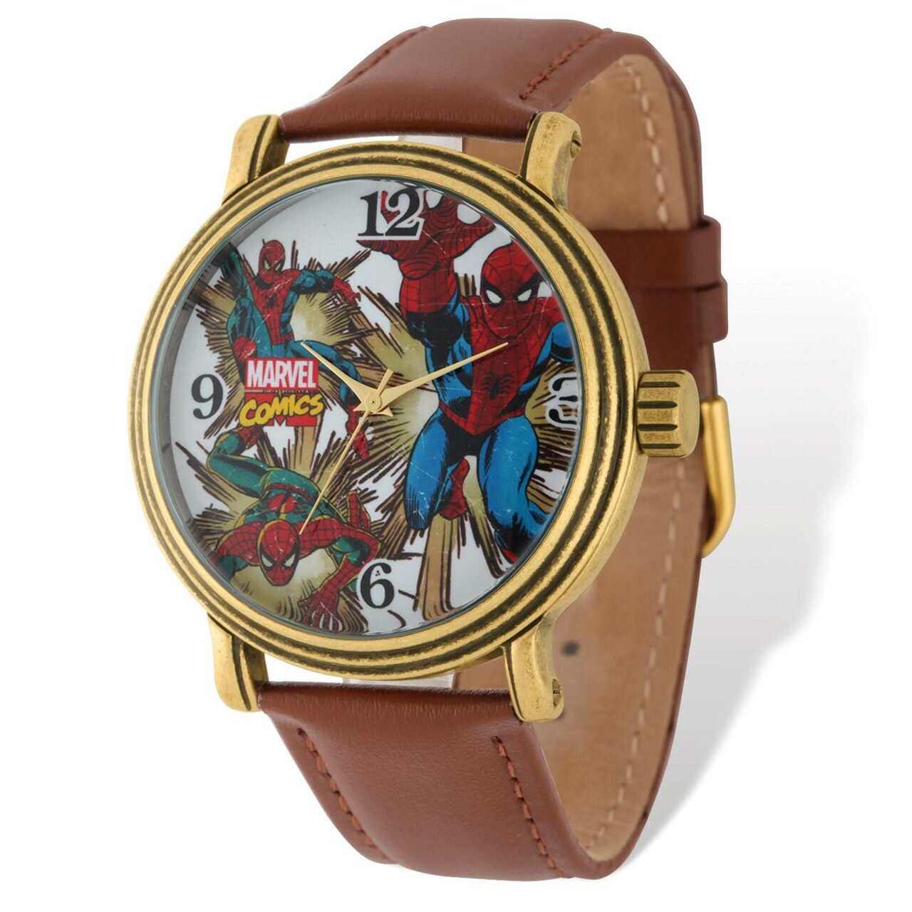 Marvel Spiderman Gold-tone Brown Leather Band Watch Adult Size XWA4990