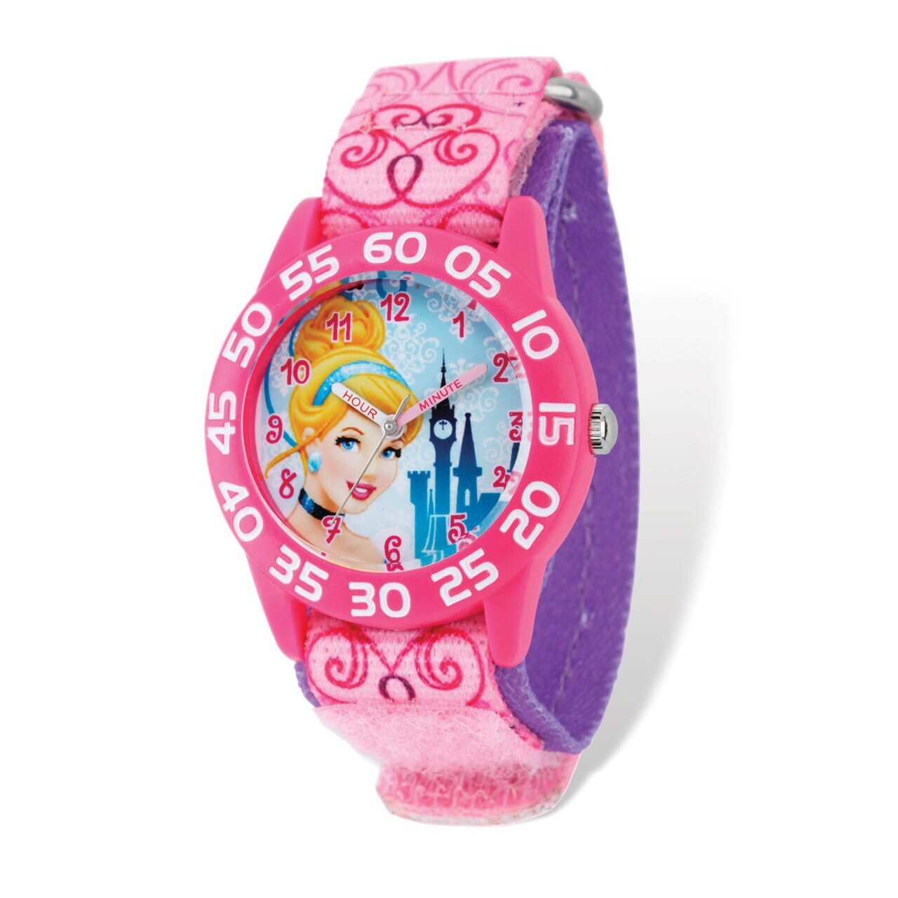 Disney Princess Cinderella Acrylic Pink Nylon Time Teacher Watch XWA5095