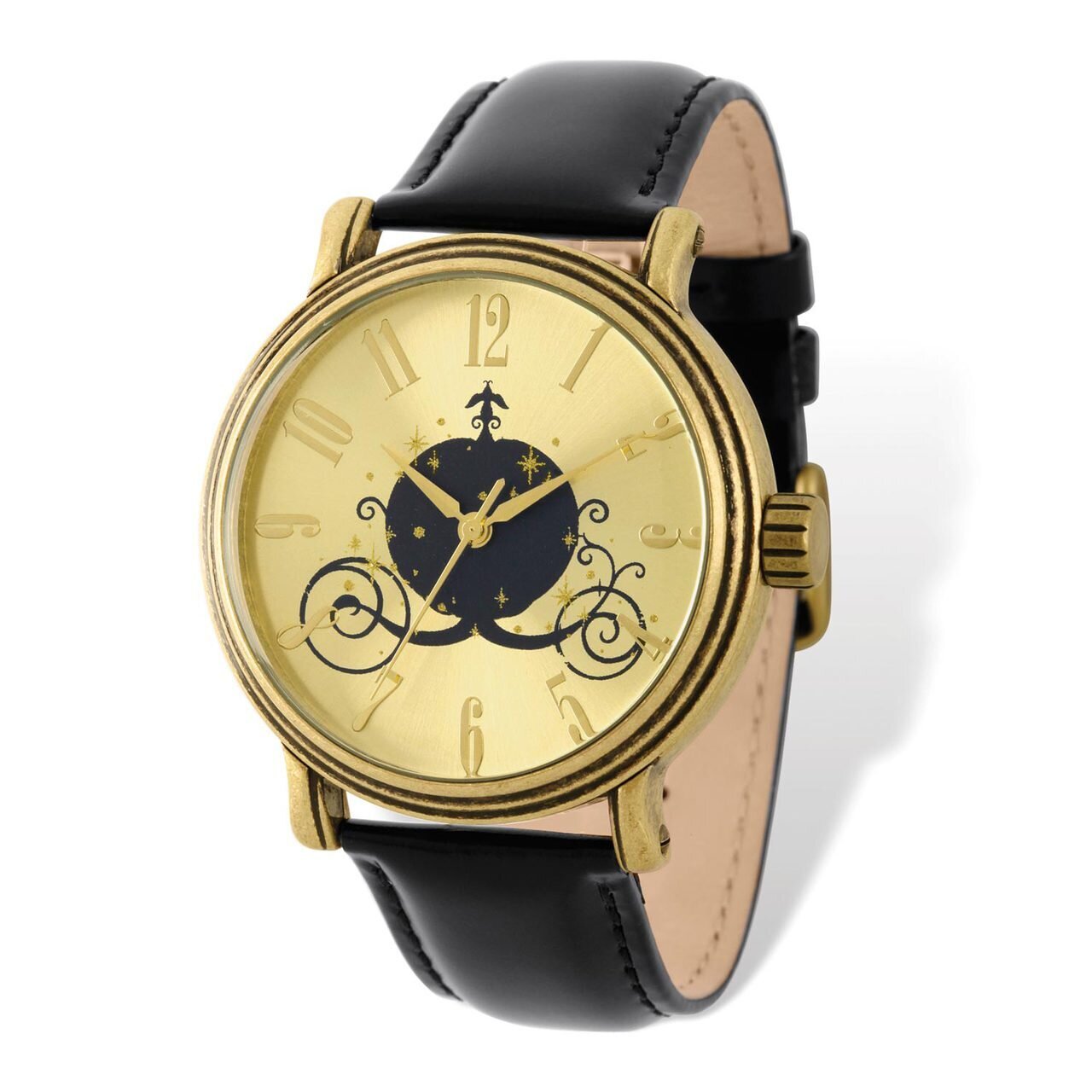 Ladies Disney Antique Gold-tone Coach Black Leather Watch XWA5110