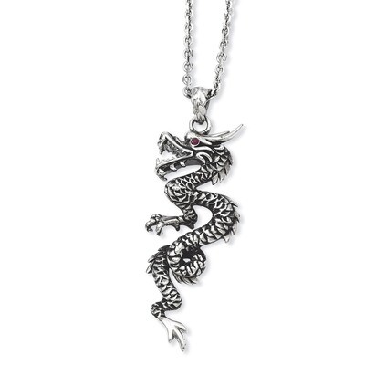 Antiqued Dragon with Red Synthetic Diamond Eye with Extension Necklace - Stainless Steel SRN927 by …