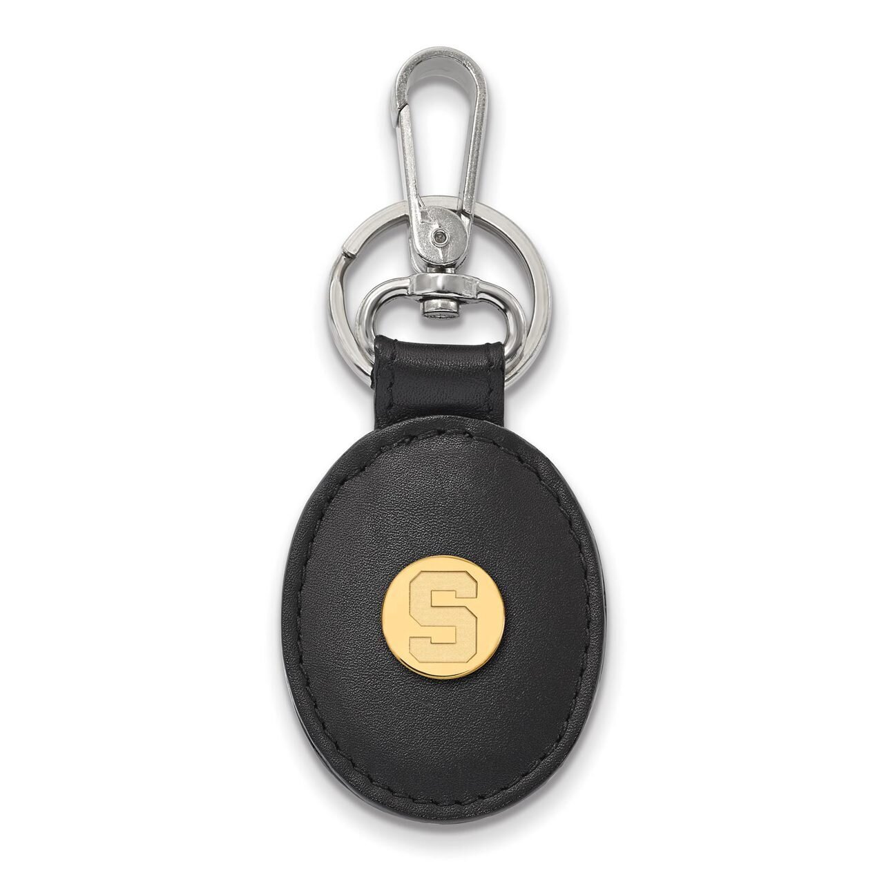 Michigan State University Black Leather Oval Key Chain Gold-plated Silver GP013MIS-K1