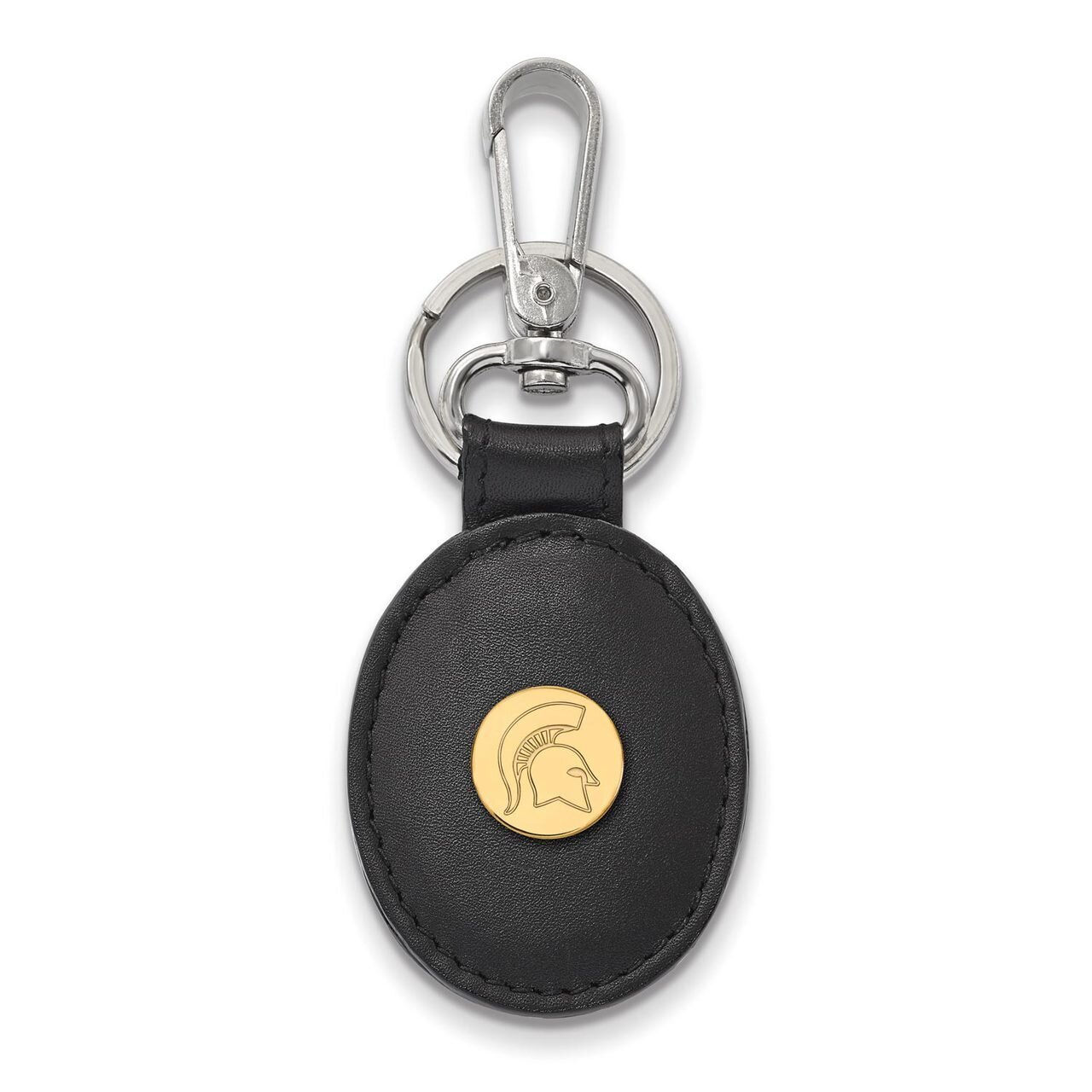 Michigan State University Black Leather Oval Key Chain Gold-plated Silver GP054MIS-K1
