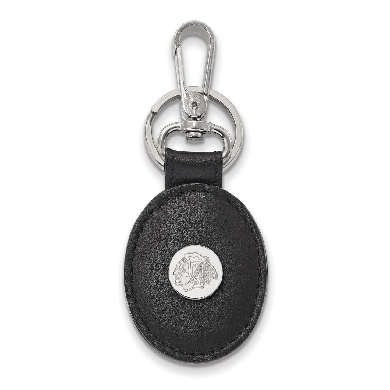 Chicago Blackhawks Black Leather Oval Key Chain Sterling Silver SS013BLA-K1
