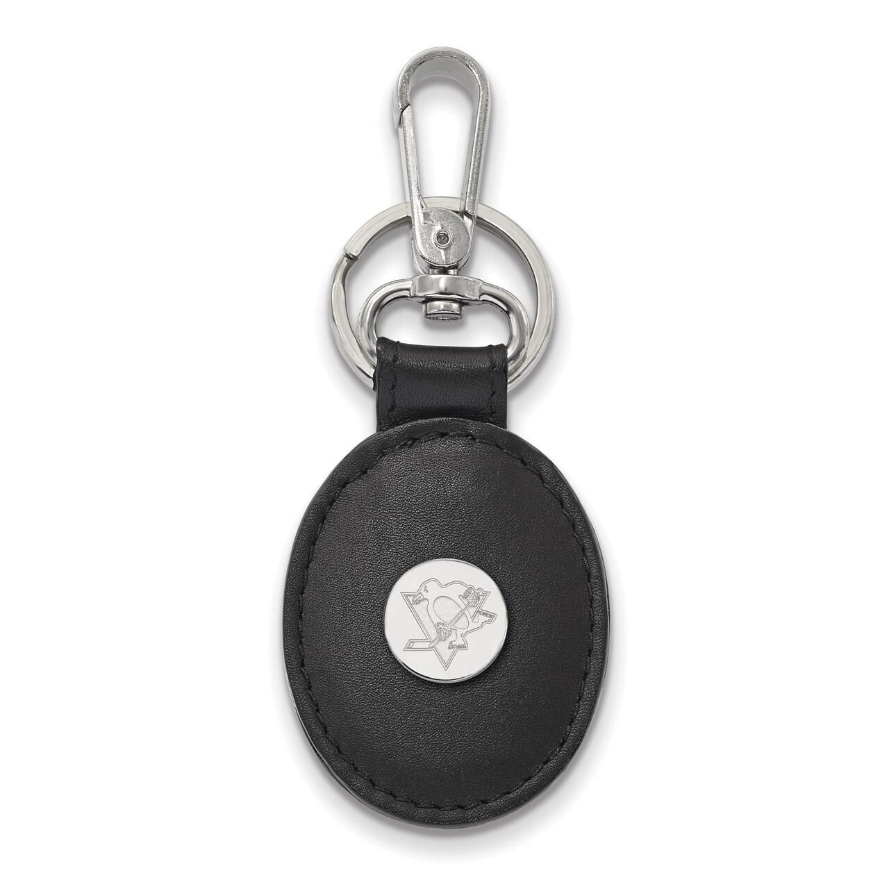 Pittsburh Penguins Black Leather Oval Key Chain Sterling Silver SS013PEN-K1