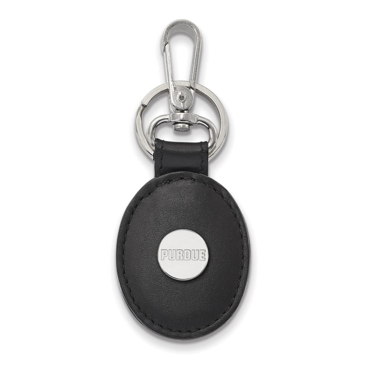 Purdue Black Leather Oval Key Chain Sterling Silver SS013PU-K1
