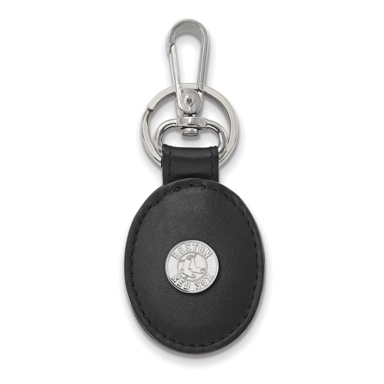 Boston Red Sox Black Leather Oval Key Chain Sterling Silver SS013RSO-K1