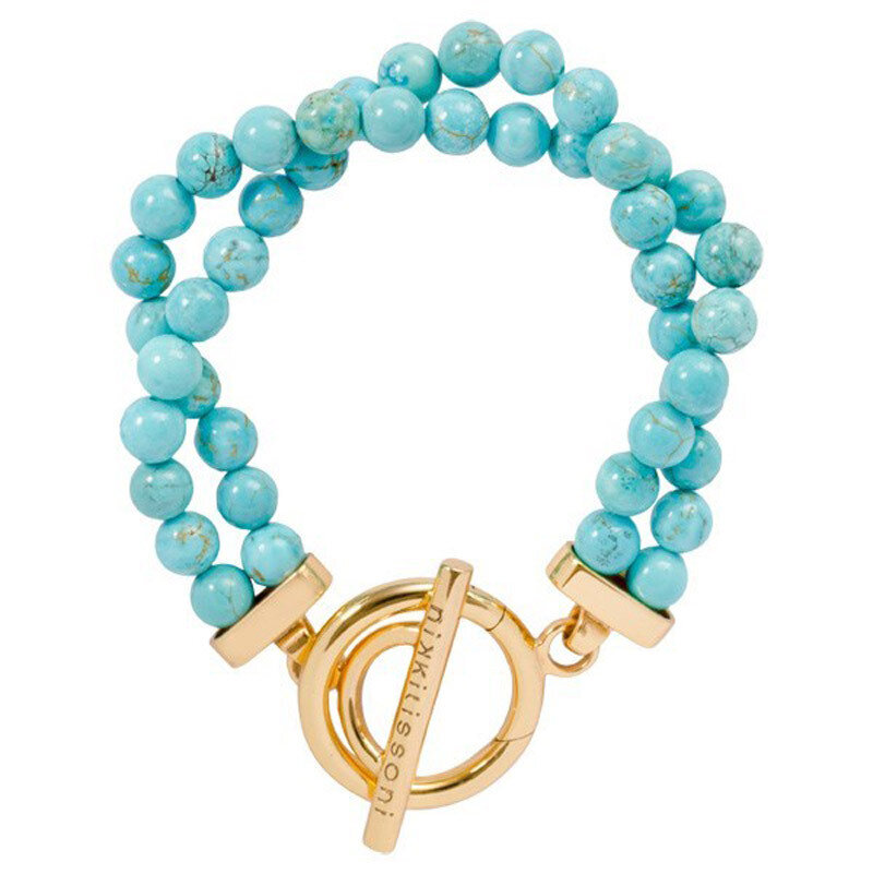 Nikki Lissoni Bracelet with Two Strings of Round Magnesite Turquoise Beads of 6mm Gold-Plated T-Bar Closure 21cm 8.2 inch B1002G21