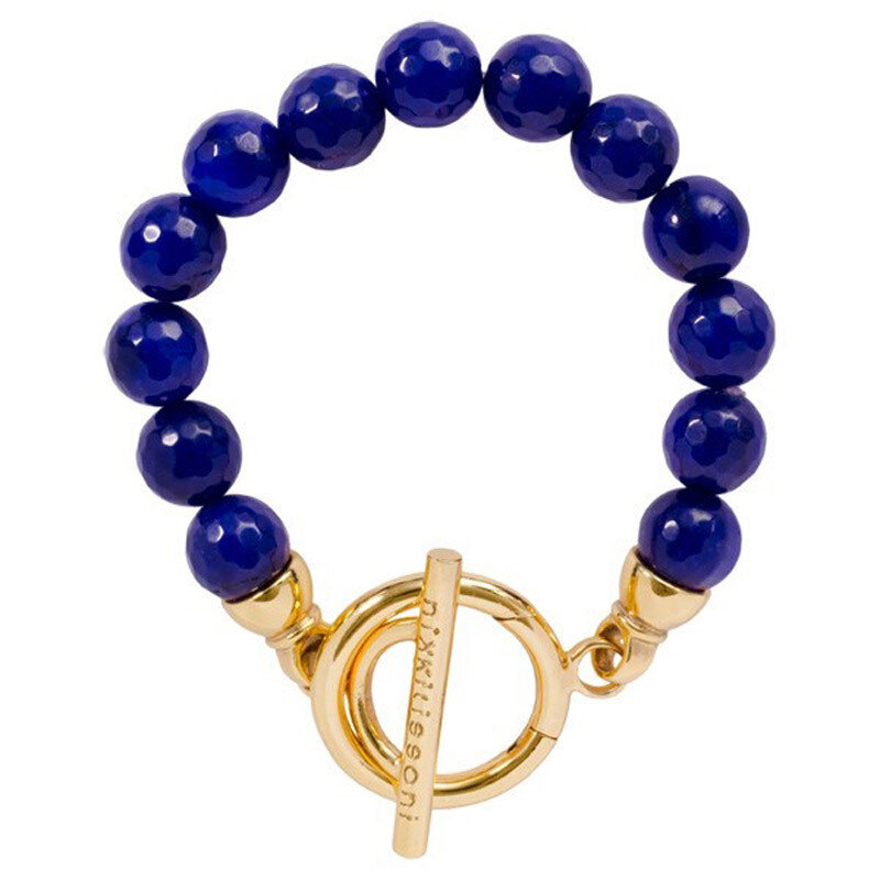 Nikki Lissoni Bracelet with Facet Round Dyed Blue Jade Beads of 10mm Gold-Plated T-Bar Closure 17cm…