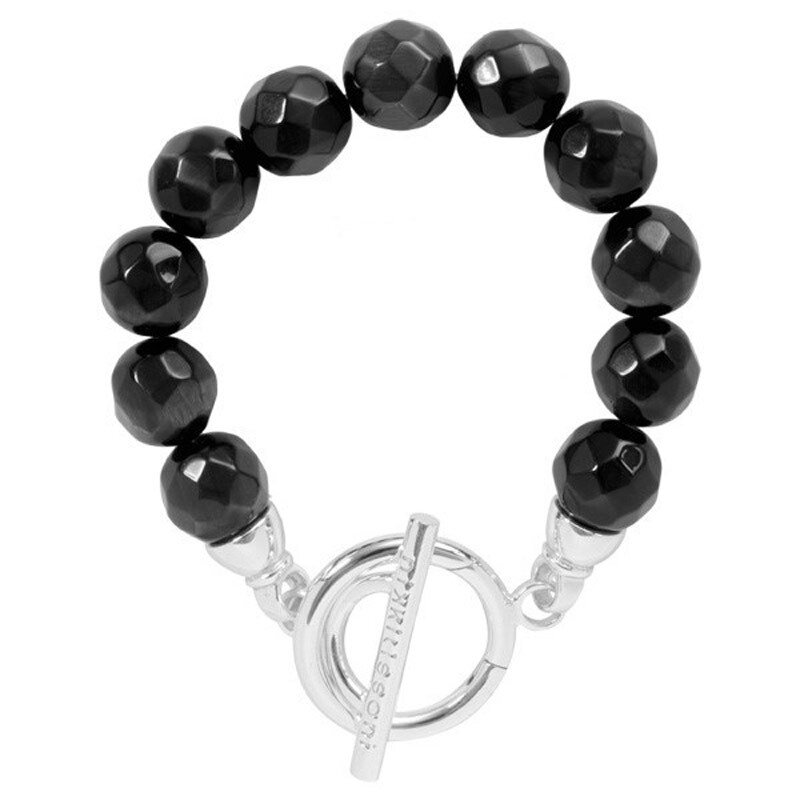 Nikki Lissoni Bracelet with Facet Round Black Cats Eye Beads of 12mm Silver-Plated T-Bar Closure 19…