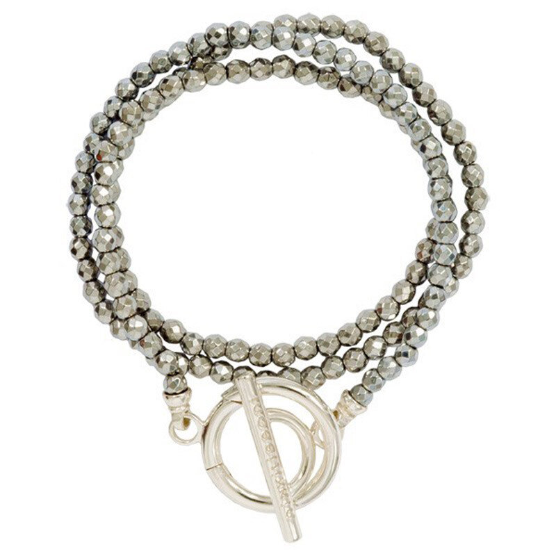Nikki Lissoni Silver Color Wrap Bracelet with Facet Round Pyrite Beads of 4mm with Gold-Plated T-Ba…