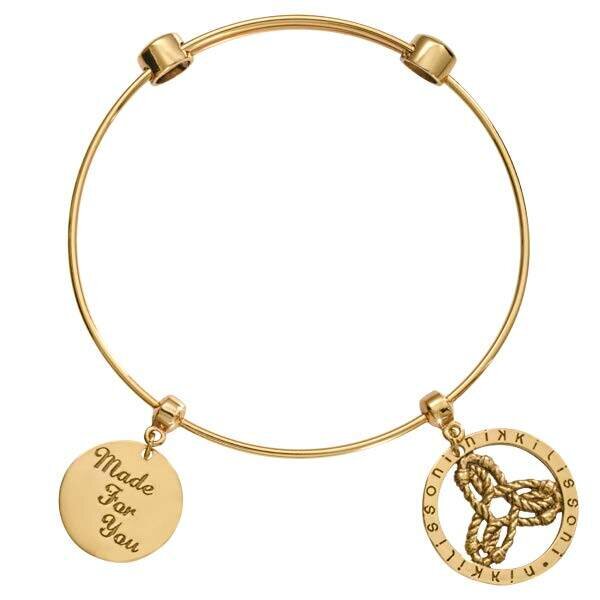 Nikki Lissoni Charm Bangle Gold-Plated with Two Fixed Charms Inner Strength Made For You with Passion 17cm 6.7 inch B1024G17