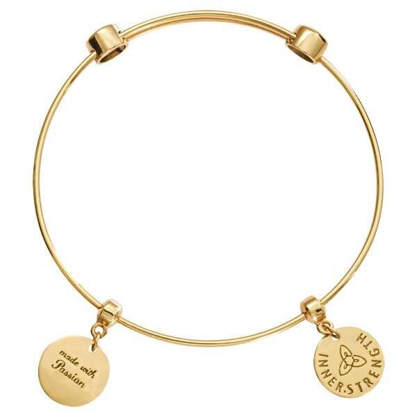 Nikki Lissoni Charm Bangle Gold-Plated with Two Fixed Charms Inner Strength Made with Passion 17cm 6.7 inch B1027G17