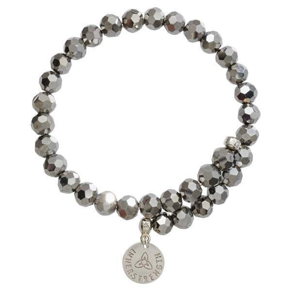 Nikki Lissoni Bangle with Grey Metallic Facet Round Glass Beads of 8mm Silver-Plated with One Fixed Charm Inner Strength 17cm 6.7 inch B1031S17