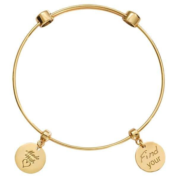 Nikki Lissoni Charm Bangle Gold-Plated with Two Fixed Charms Made with Love Find Your Inner Strength 19cm 7.4 inch B1038G19