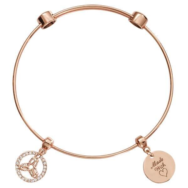 Nikki Lissoni Charm Bangle Rose Gold-Plated with Two Fixed Charms Inner Strength Made with Love 19cm 7.4 inch B1046RG19