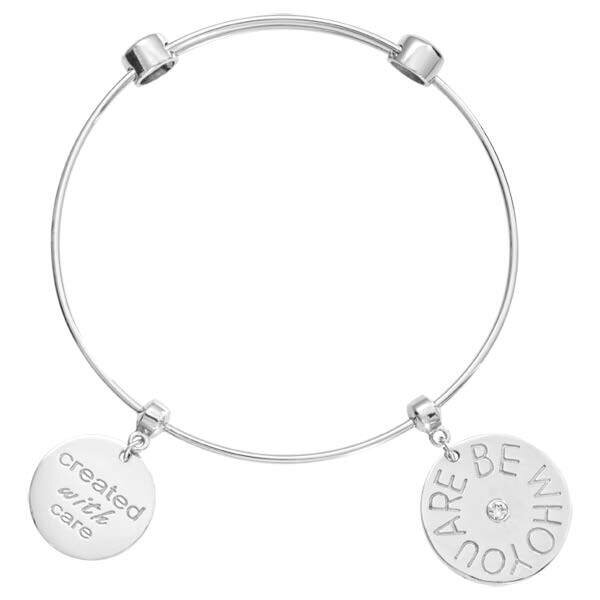 Nikki Lissoni Charm Bangle Silver-Plated with Two Fixed Charms Created with Care Be Who You Are 17cm 6.7 inch B1048S17