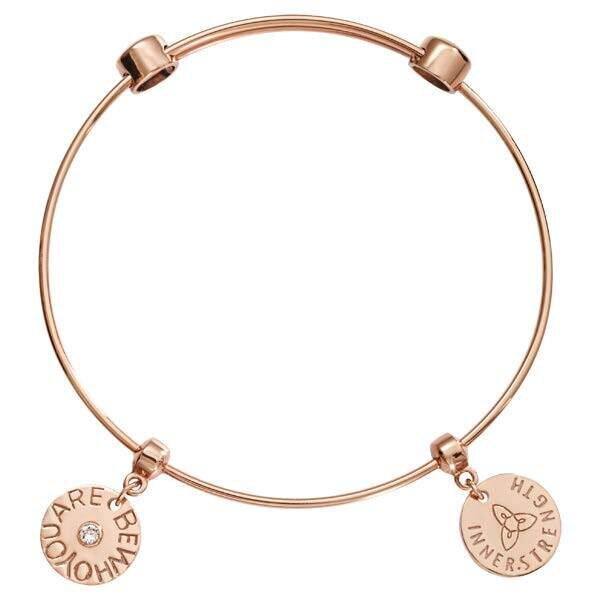 Nikki Lissoni Charm Bangle Rose Gold-Plated with Two Fixed Charms Inner Strength Be Who You Are 19c…