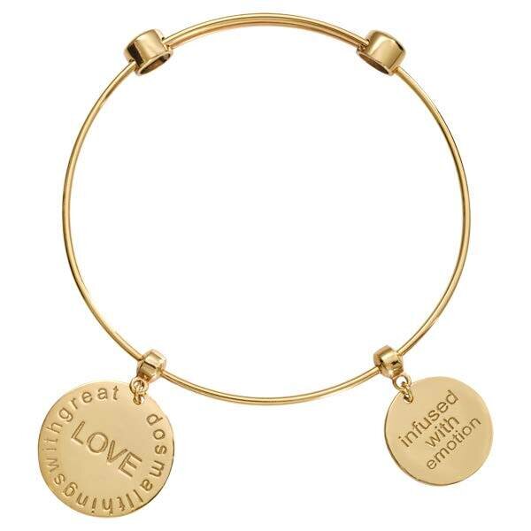 Nikki Lissoni Charm Bangle Gold-Plated with Two Fixed Charms Do Small Things with Great Love Infuse…