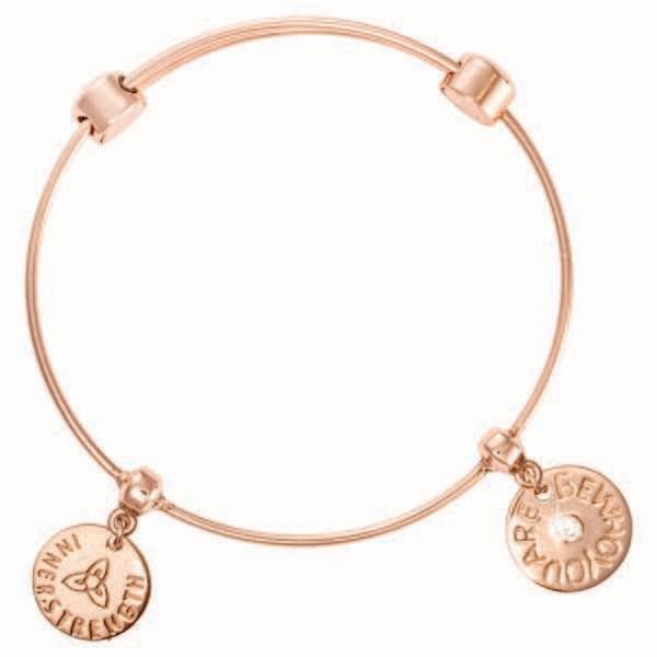 Nikki Lissoni Charm Bangle with Two Fixed Charms Inner Strength Be Who You Are Rose Gold-Plated wit…