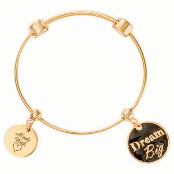 Nikki Lissoni Charm Bangle with Two Fixed Charms Made with Love Dream Big Gold-Plated 17cm 6.7 inch…