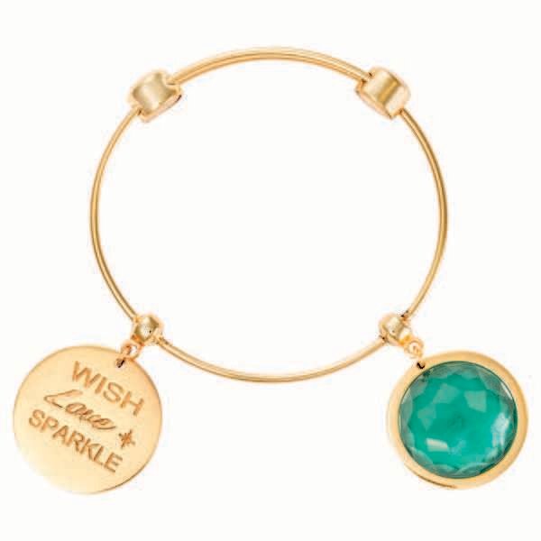 Nikki Lissoni Charm Bangle with Two Fixed Charms Wish. Love. Sparkle. Greenish Blue Optical Glass Gold-Plated 17cm 6.7 inch B1079G17
