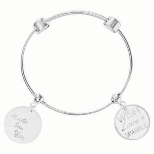 Nikki Lissoni Charm Bangle with Two Fixed Charms Made For You with Passion Wish. Love. Sparkle. Silver-Plated 17cm 6.7 inch B1080S17