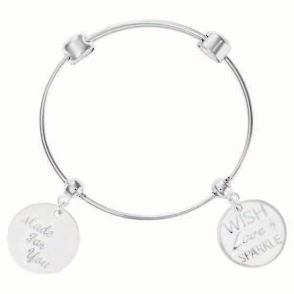 Nikki Lissoni Charm Bangle with Two Fixed Charms Made For You with Passion Wish. Love. Sparkle. Sil…