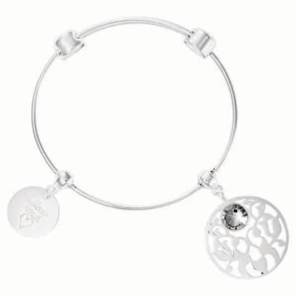 Nikki Lissoni Charm Bangle with Two Fixed Charms Made with Love Vintage Flower with A Grey Swarovsk…