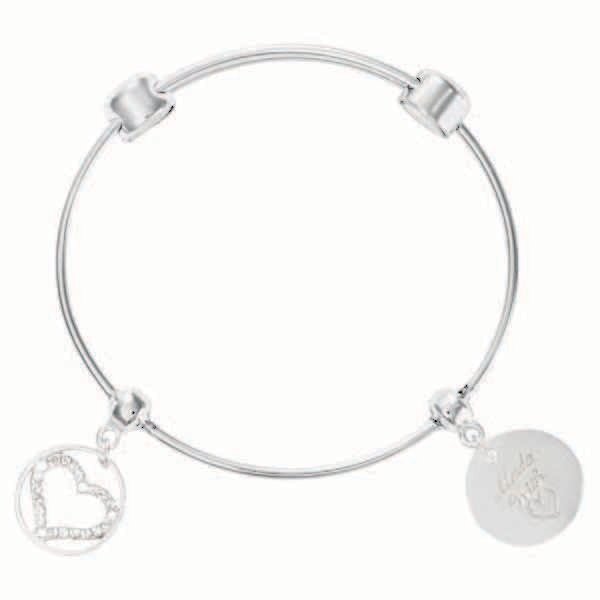 Nikki Lissoni Charm Bangle with Two Fixed Charms Made with Love Sparkling Heart Silver-Plated 17cm …