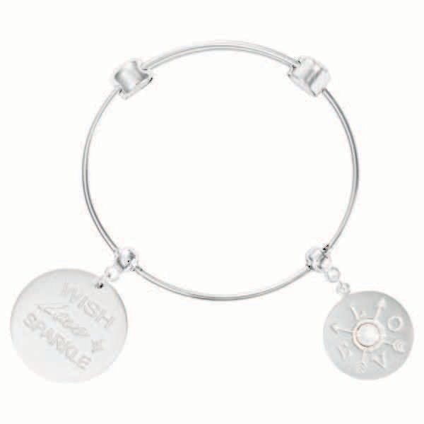 Nikki Lissoni Charm Bangle with Two Fixed Charms Wish. Love. Sparkle. L.O.V.E. Silver-Plated 21cm 8.2 inch B1085S21