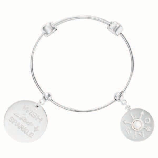 Nikki Lissoni Charm Bangle with Two Fixed Charms Wish. Love. Sparkle. L.O.V.E. Silver-Plated 21cm 8…
