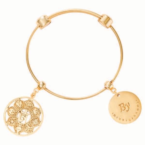 Nikki Lissoni Charm Bangle with Two Fixed Charms Created with Care Symbol of Ohm Gold-Plated 17cm 6.7 inch B1087G17