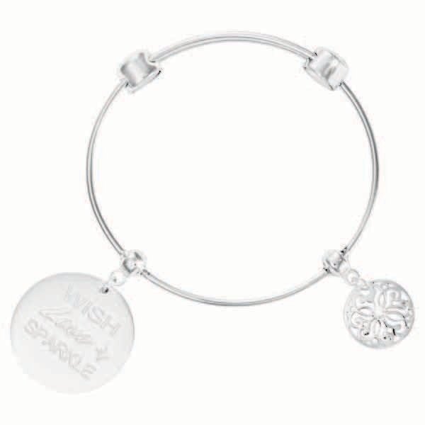 Nikki Lissoni Charm Bangle with Two Fixed Charms Wish. Love. Sparkle. Baroque Fantasy Silver-Plated…
