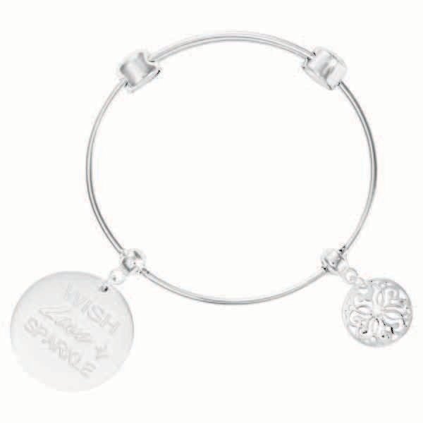 Nikki Lissoni Charm Bangle with Two Fixed Charms Wish. Love. Sparkle. Baroque Fantasy Silver-Plated 21cm 8.2 inch B1088S21
