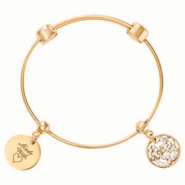 Nikki Lissoni Charm Bangle with Two Fixed Charms Made with Love Sparkling Flower Gold-Plated 17cm 6…