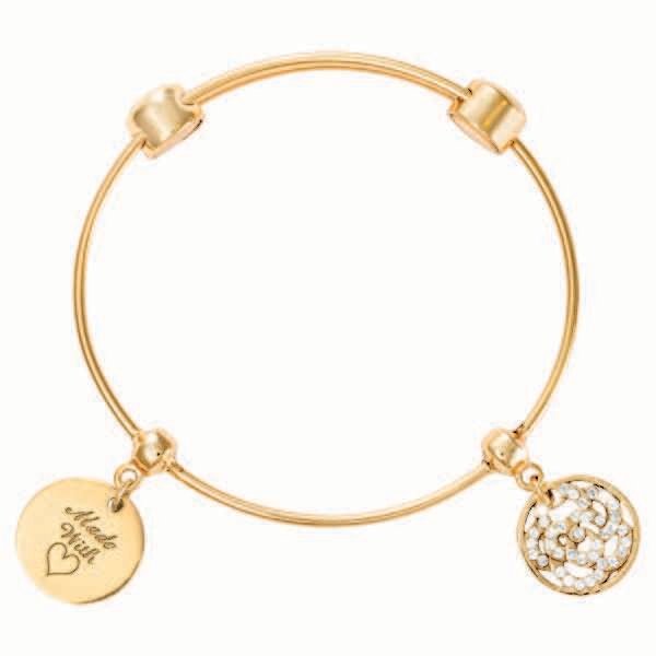 Nikki Lissoni Charm Bangle with Two Fixed Charms Made with Love Sparkling Flower Gold-Plated 19cm 7…