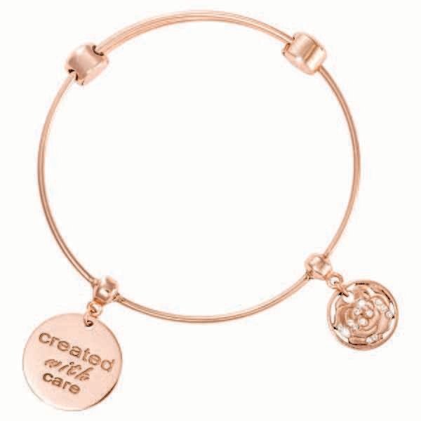 Nikki Lissoni Charm Bangle with Two Fixed Charms Created with Care Sparkling Hortensia Rose Gold-Plated 17cm 6.7 inch B1095RG17