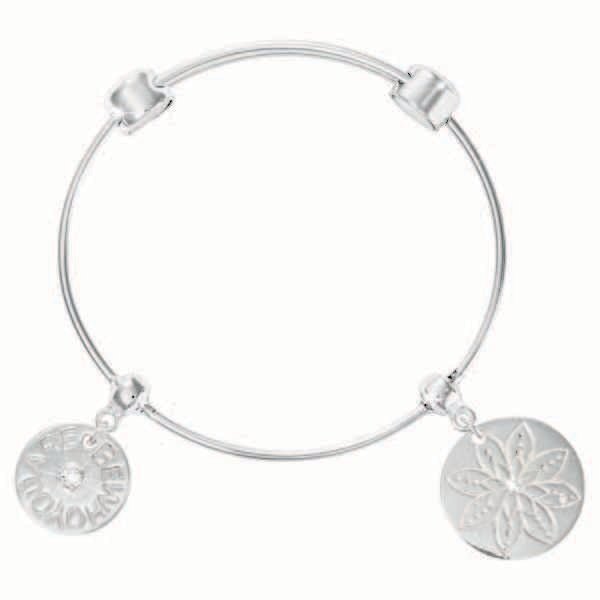 Nikki Lissoni Charm Bangle with Two Fixed Charms Be Who You Are Compassion Lotus Silver-Plated 17cm 6.7 inch B1097S17