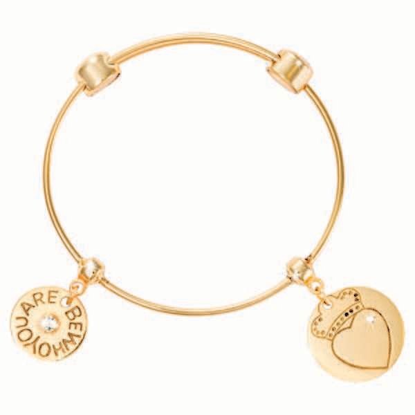 Nikki Lissoni Charm Bangle with Two Fixed Charms Be Who You Are Loyalty Heart Gold-Plated 19cm 7.4 …