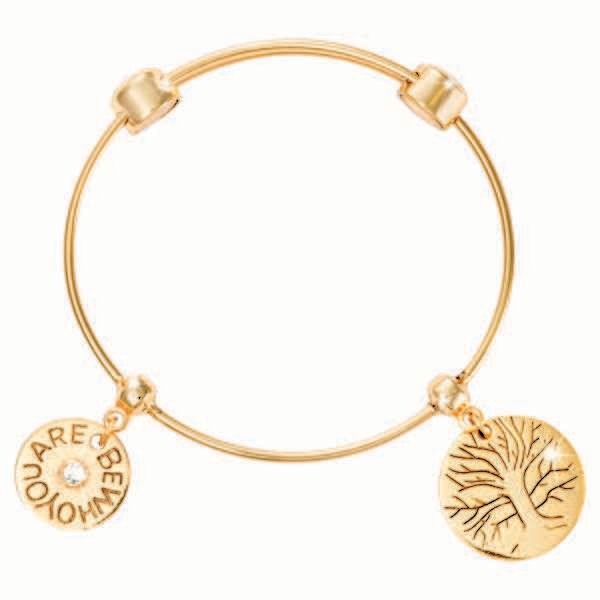 Nikki Lissoni Charm Bangle with Two Fixed Charms Be Who You Are Wisdom Tree Gold-Plated 17cm 6.7 in…