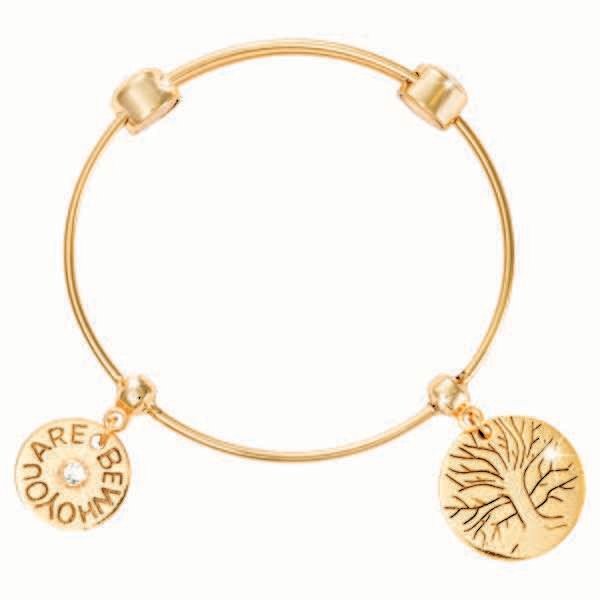 Nikki Lissoni Charm Bangle with Two Fixed Charms Be Who You Are Wisdom Tree Gold-Plated 19cm 7.4 in…